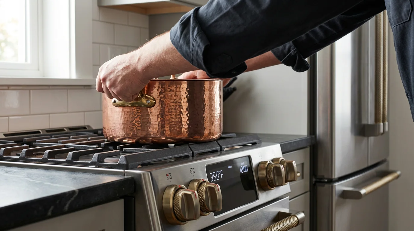 Over-the-shoulder view of a person using a premium stainless steel gas range.