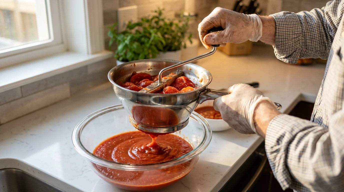 Over-the-shoulder view of a person using a food mill to make fresh tomato puree.
