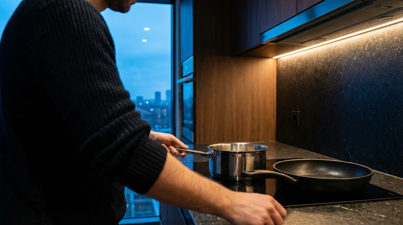 Over-the-shoulder view of essential stainless steel and non-stick cookware on a modern kitchen counter.