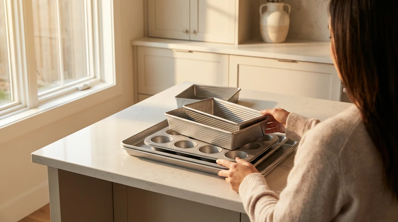 Over-the-shoulder view of hands arranging a new metal bakeware set on a kitchen counter.