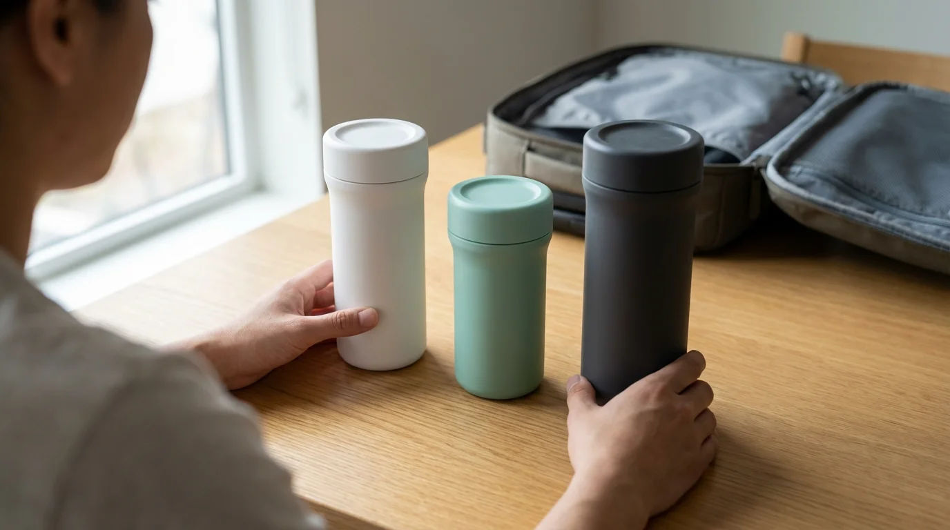 Over-the-shoulder view of hands comparing three different-sized portable blenders on a wooden table.
