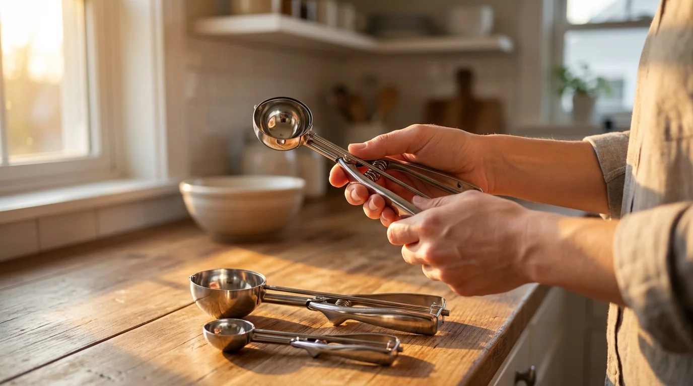 Over-the-shoulder view of hands holding various sizes of metal cookie scoops in a kitchen.