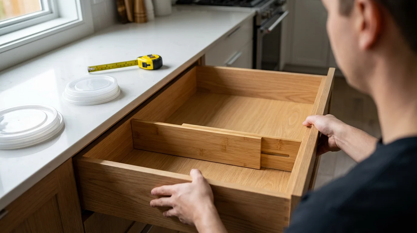 Over-the-shoulder view of hands installing a bamboo drawer divider for container lid organization.