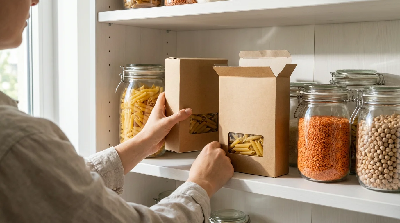 Over-the-shoulder view of hands organizing pasta boxes on a clean pantry shelf.