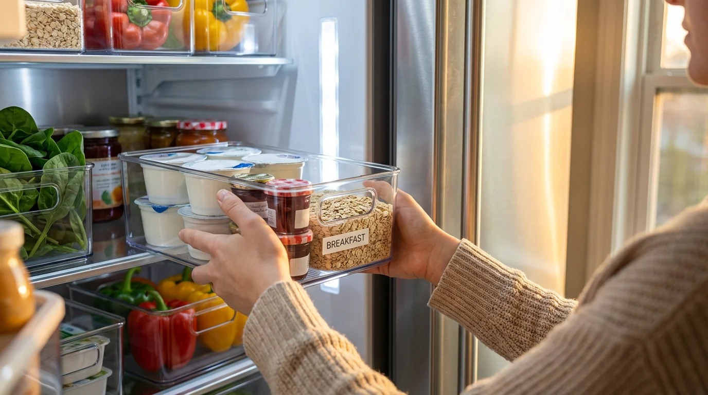 Over-the-shoulder view of hands organizing a refrigerator with clear acrylic bins during golden hour.