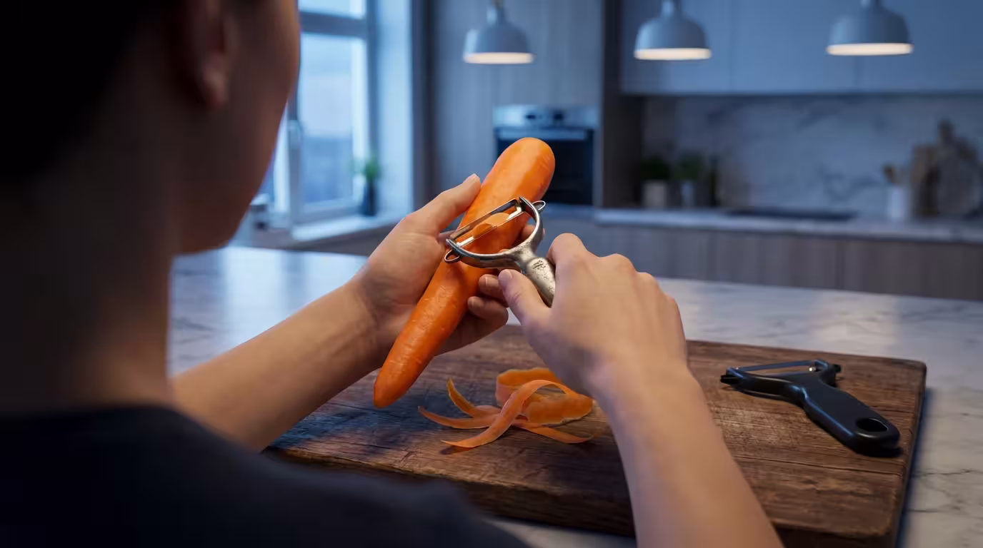 Over-the-shoulder view of hands peeling a carrot with a swivel peeler on a board.