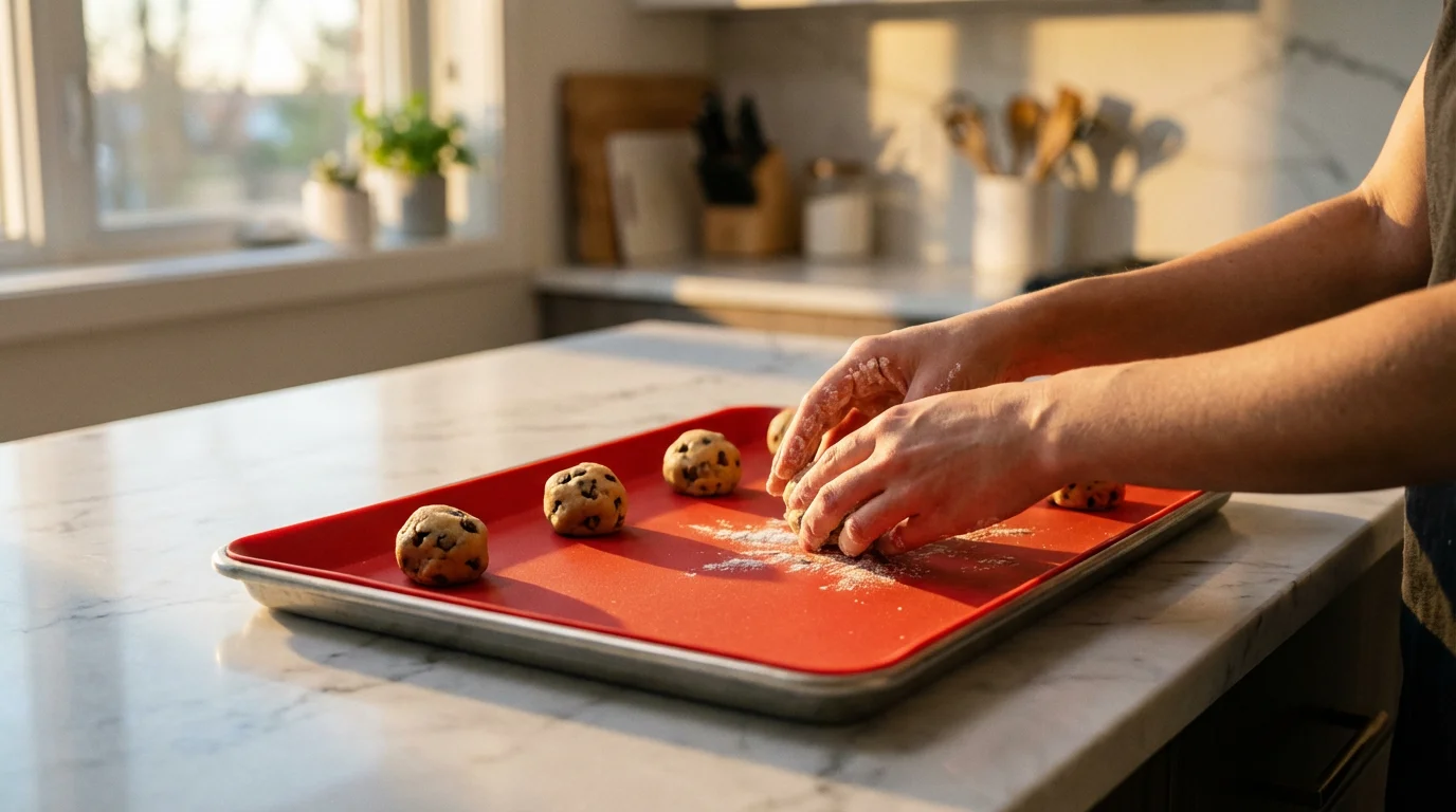 Over-the-shoulder view of hands placing cookie dough onto a red silicone baking mat.