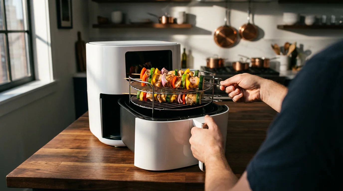 Over-the-shoulder view of hands placing colorful kabob skewers into an air fryer rack accessory.