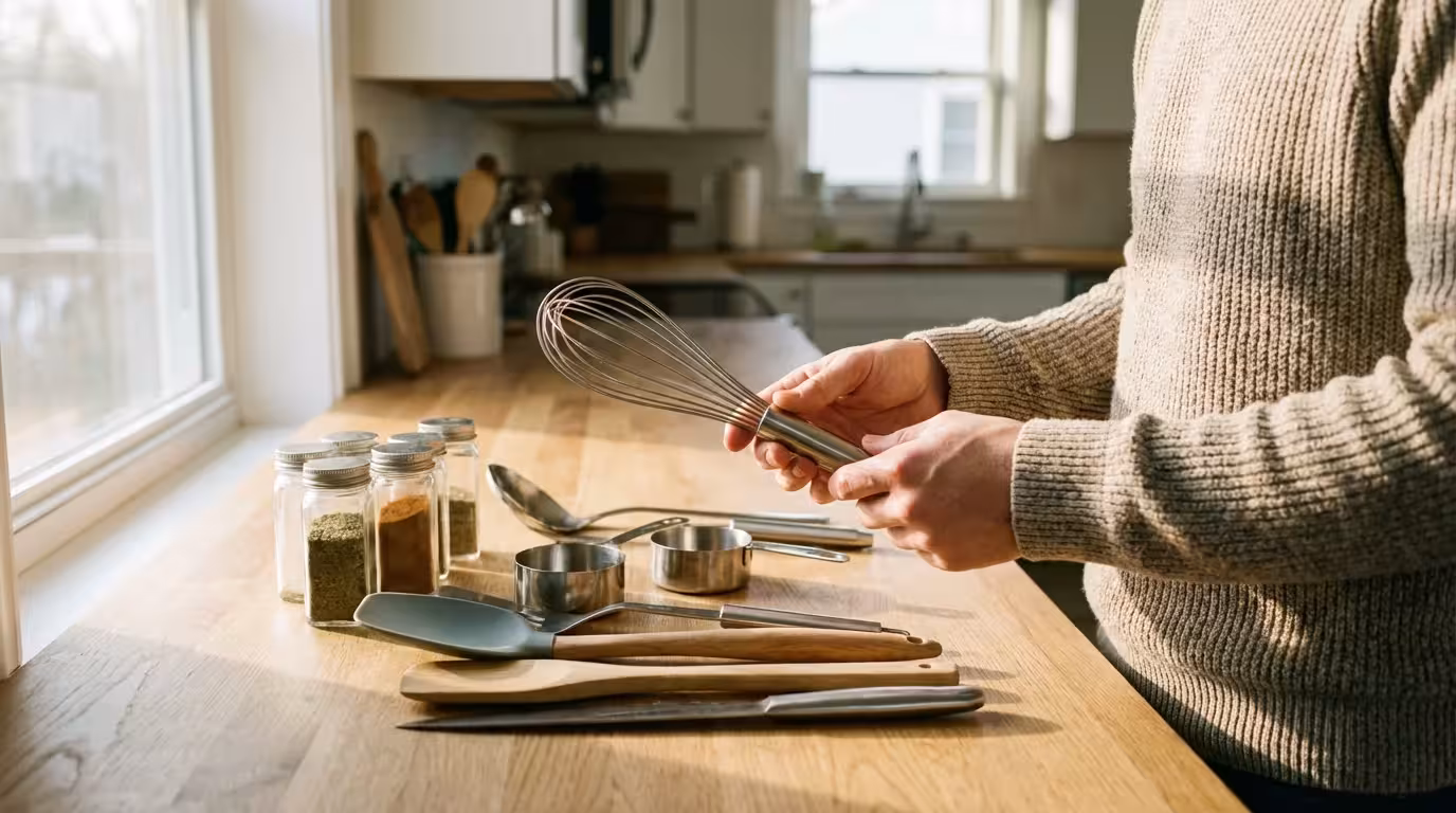 Over-the-shoulder view of hands sorting kitchen utensils on a counter for a purge.