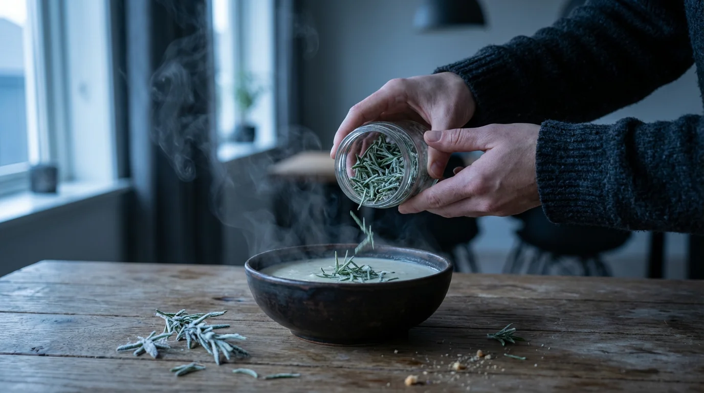 Over-the-shoulder view of hands sprinkling frozen rosemary garnish onto a bowl of hot soup.