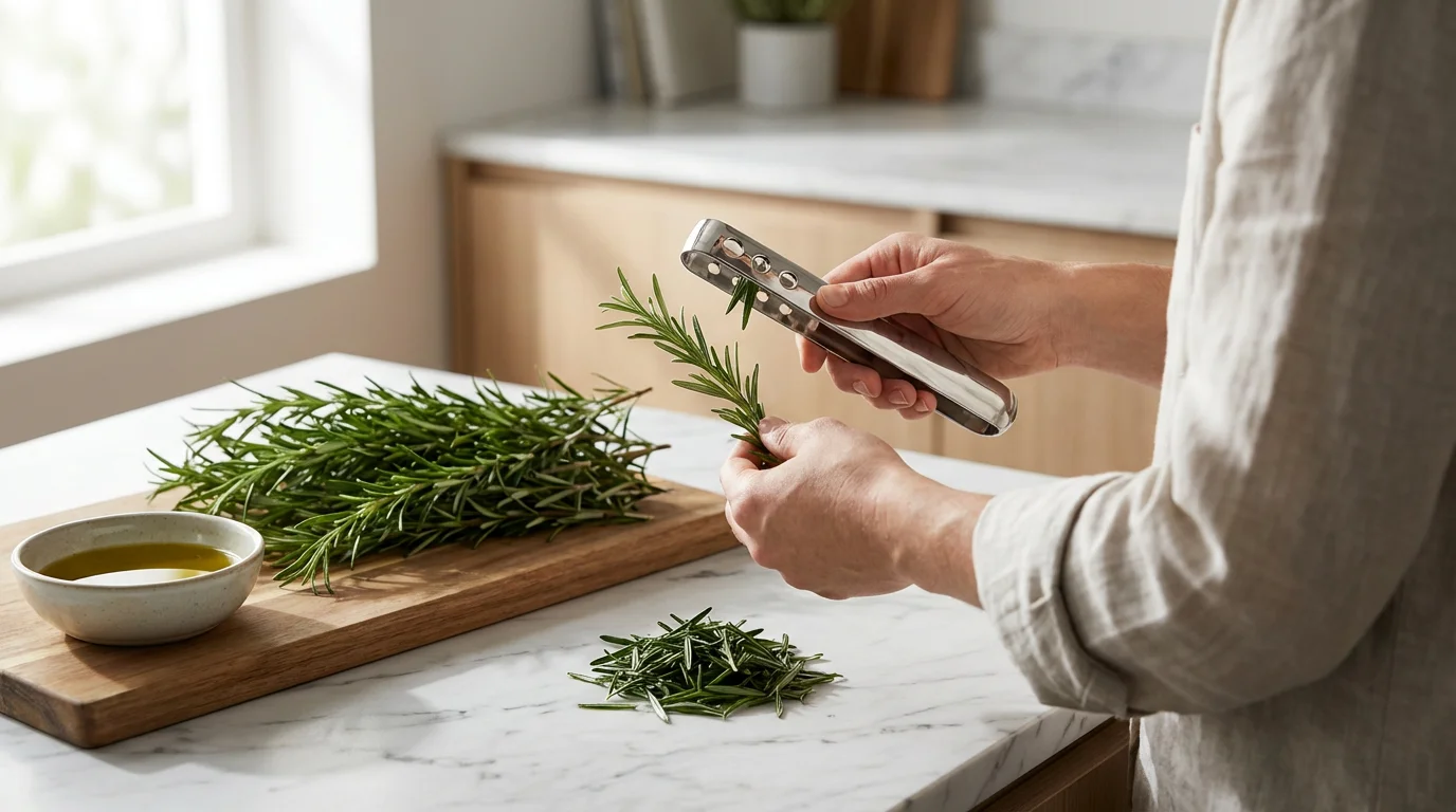 Over-the-shoulder view of hands using a stainless steel herb stripper on fresh rosemary.