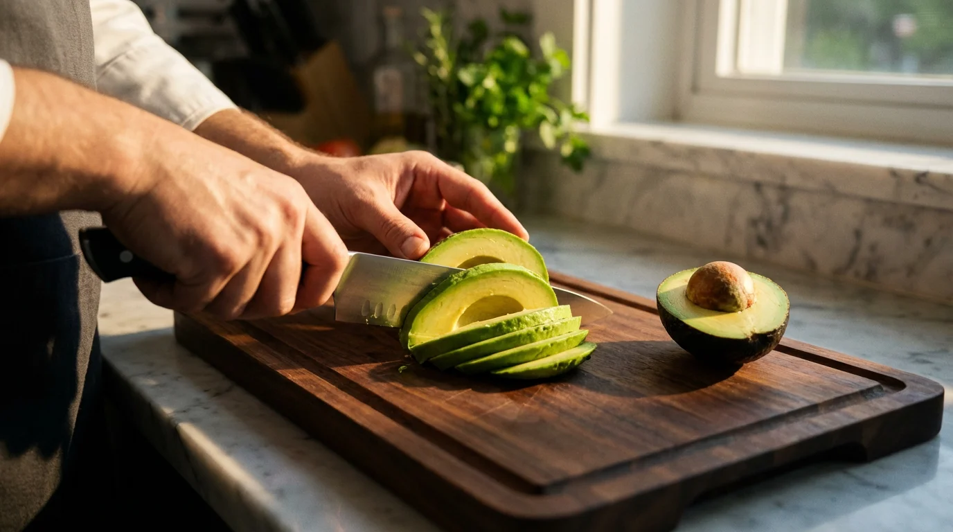 Over-the-shoulder view of hands using a chef's knife to perfectly slice an avocado.