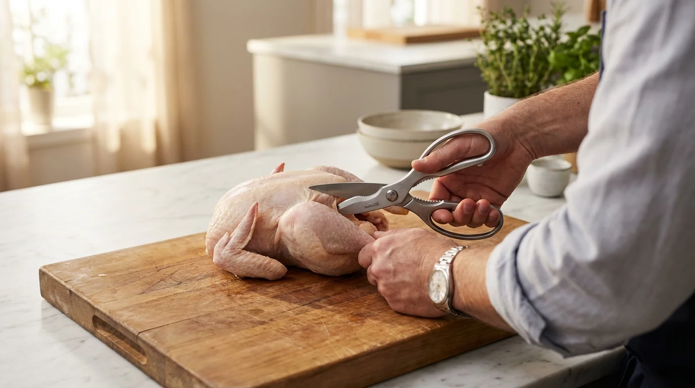Over-the-shoulder view of hands using kitchen shears to break down a raw chicken.