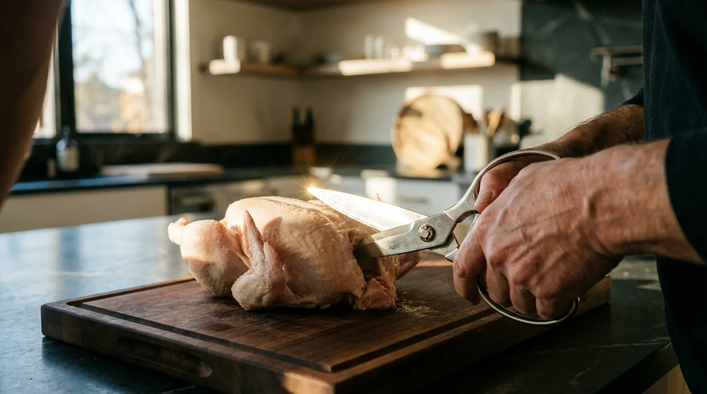 Over-the-shoulder view of hands using kitchen shears to spatchcock a raw chicken.
