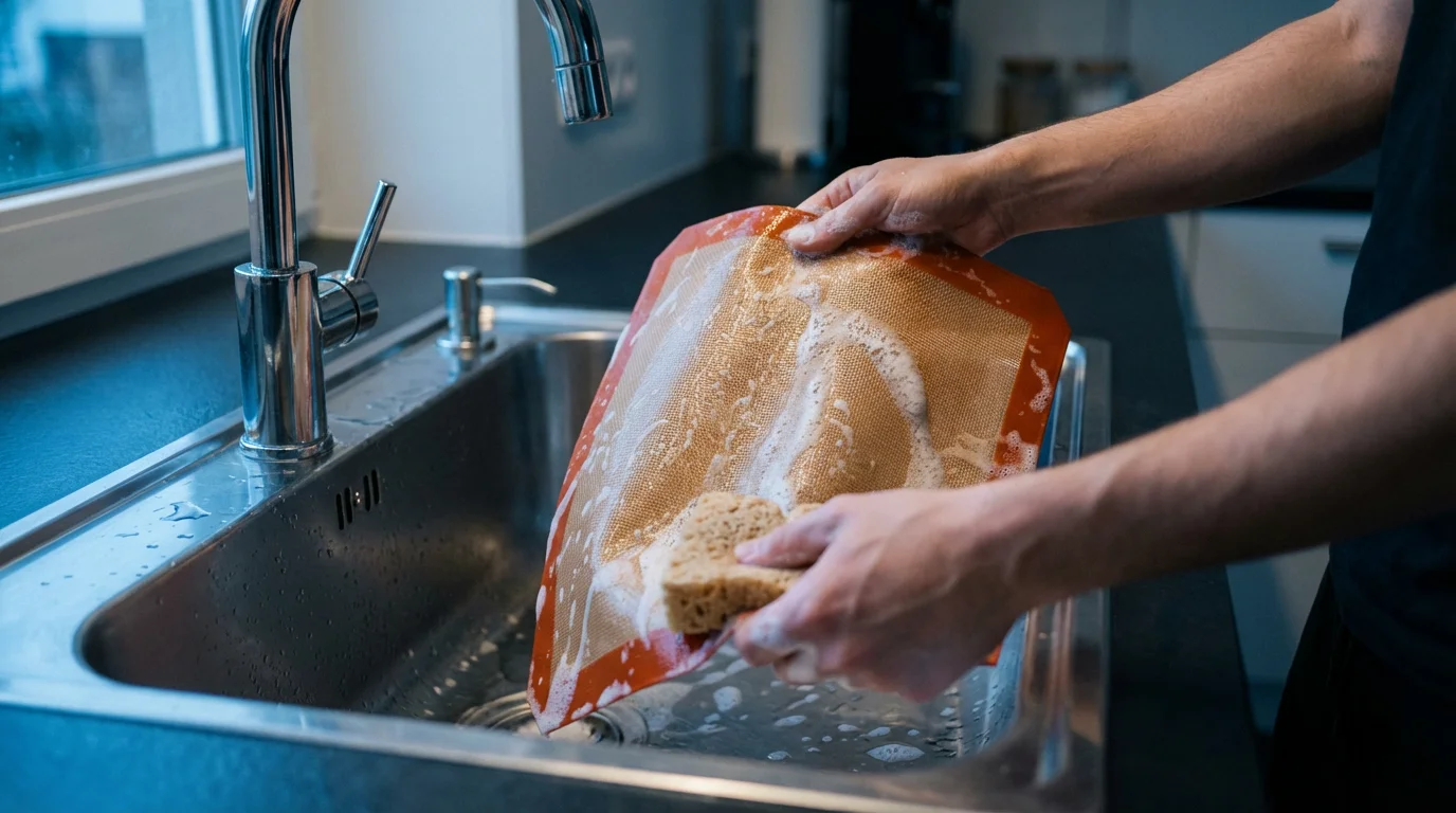 Over-the-shoulder view of hands washing a silicone baking mat in a modern kitchen sink.