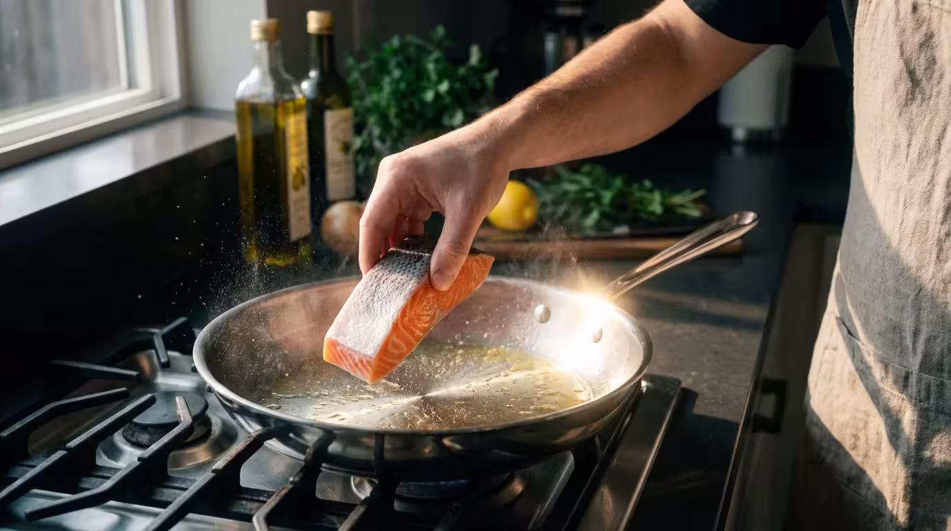 Over-the-shoulder view of salmon being placed into a hot stainless steel pan.