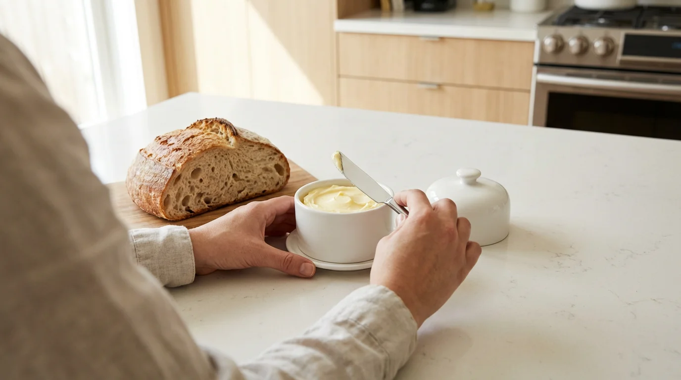 Over-the-shoulder view of soft butter in a ceramic butter bell on a kitchen counter.