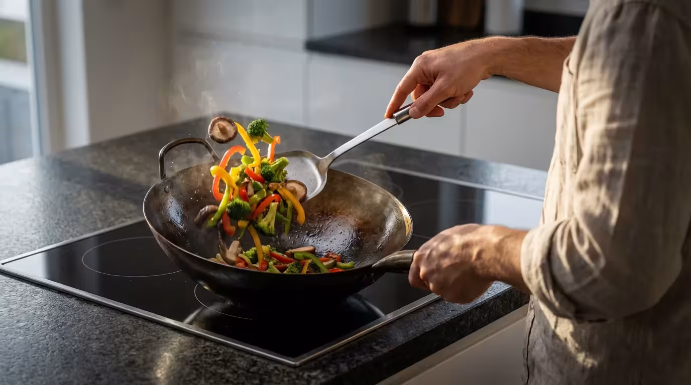 Over-the-shoulder view of stir-frying vegetables in a flat-bottom wok on an electric stove.
