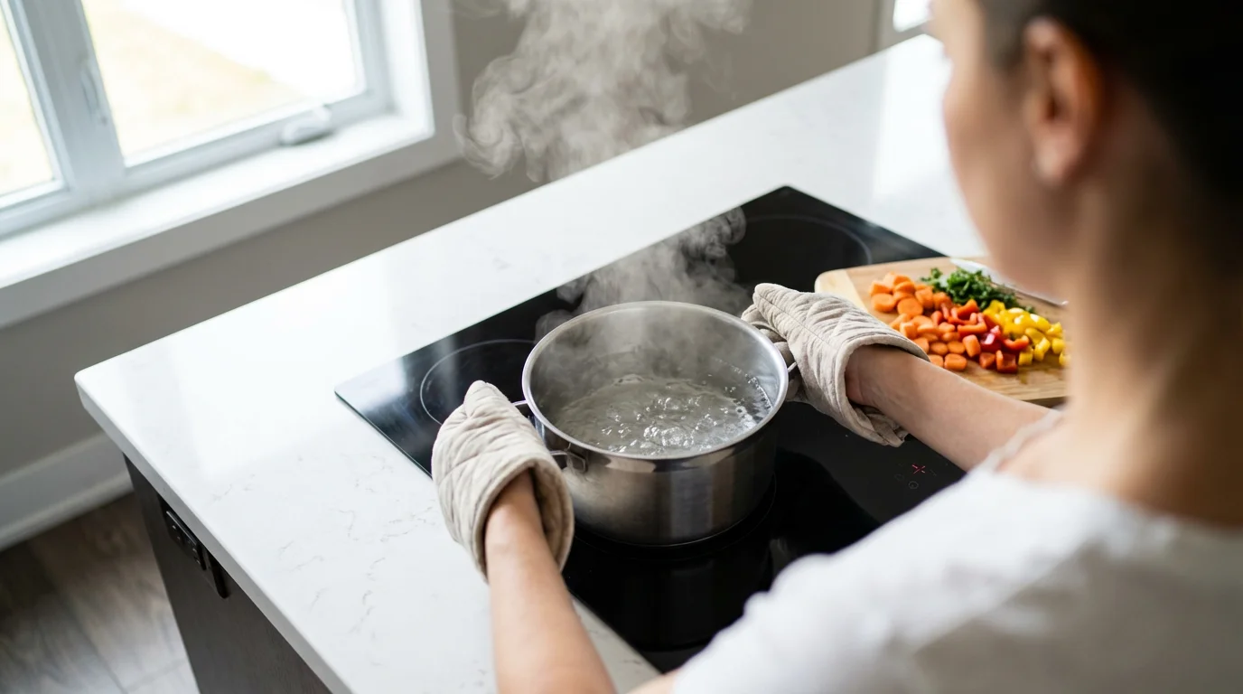 Over-the-shoulder view of water boiling rapidly in a pot on a modern induction cooktop.