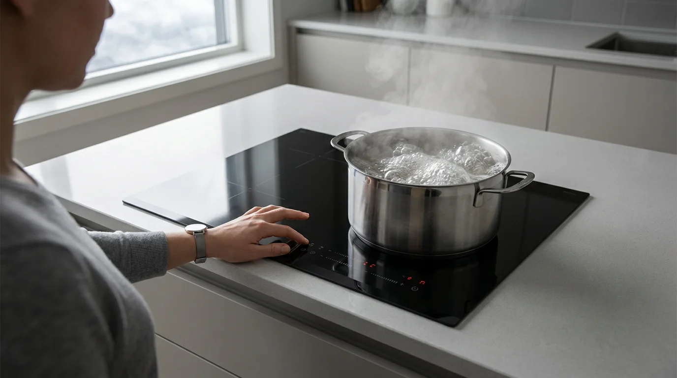 Over-the-shoulder view of water boiling rapidly in a pot on a modern induction cooktop.