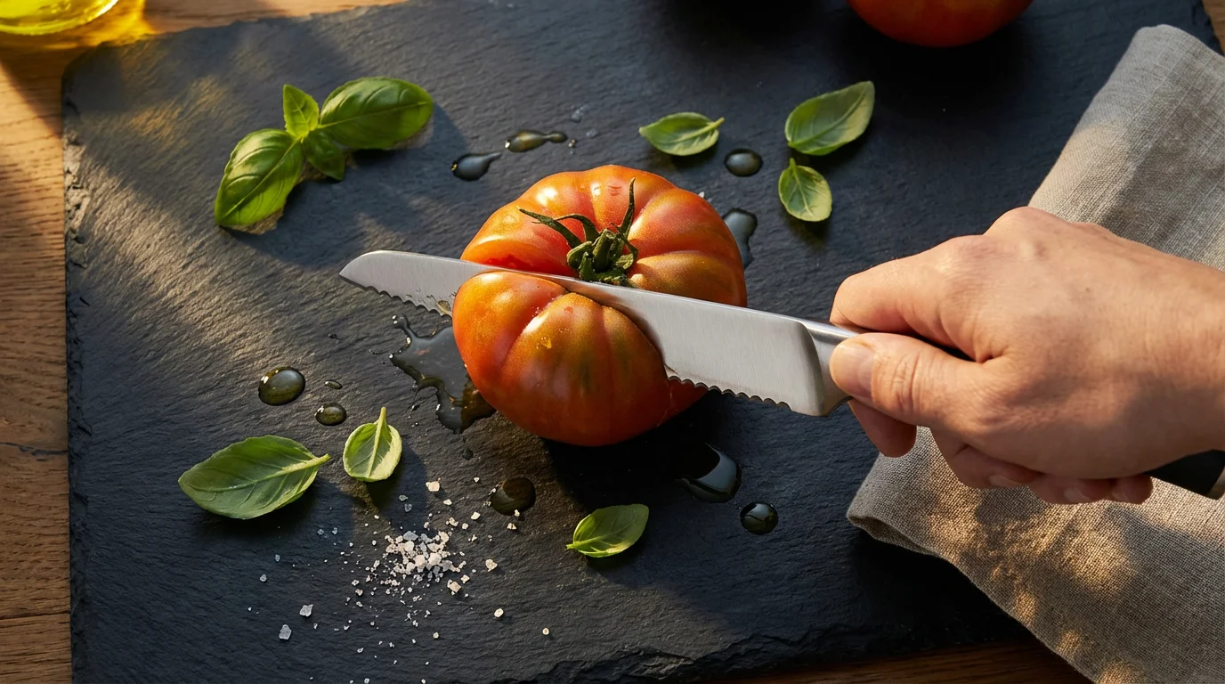 Overhead flat lay of a hand using a serrated knife to slice a tomato.