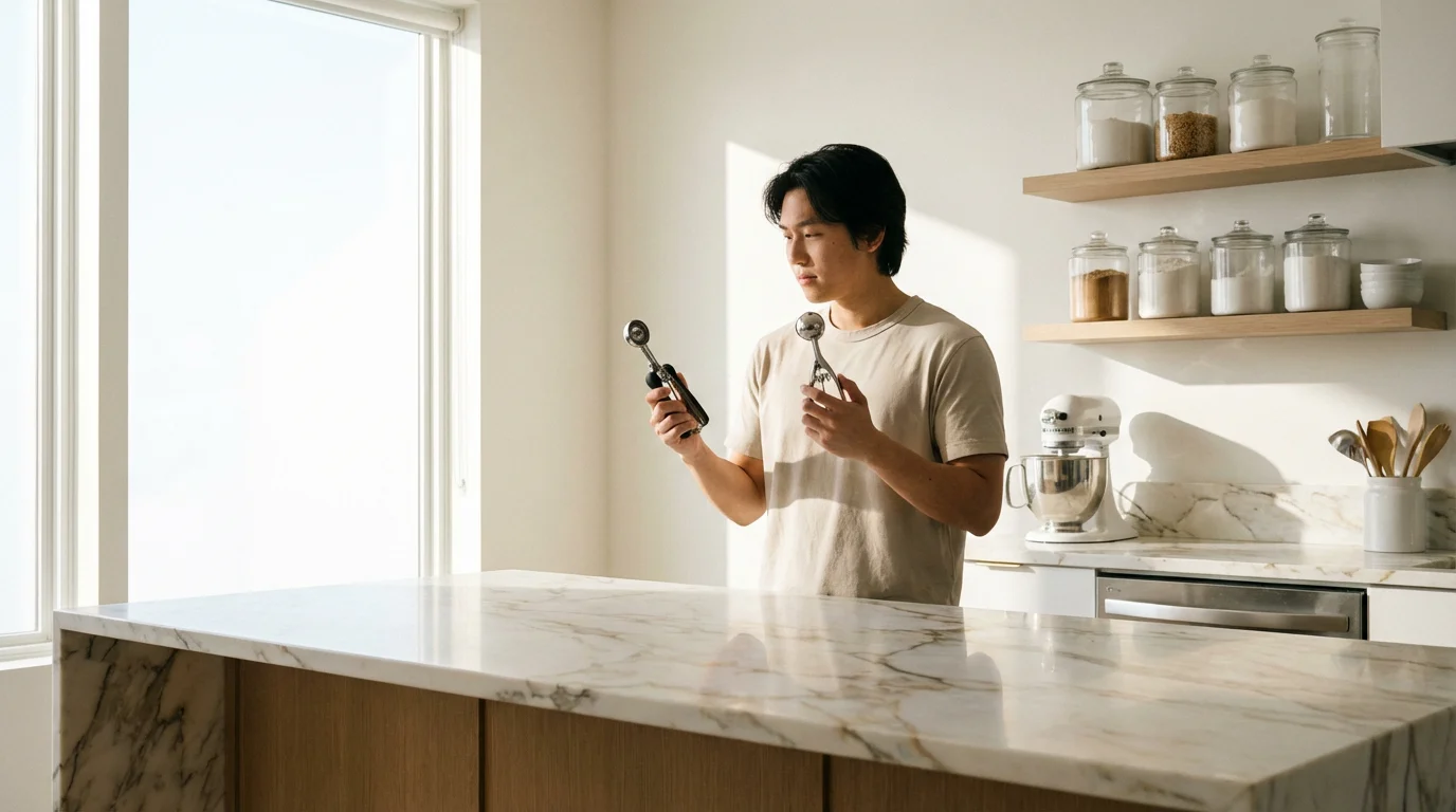 Person at kitchen counter comparing an ergonomic rubber-handled cookie scoop to a metal one.