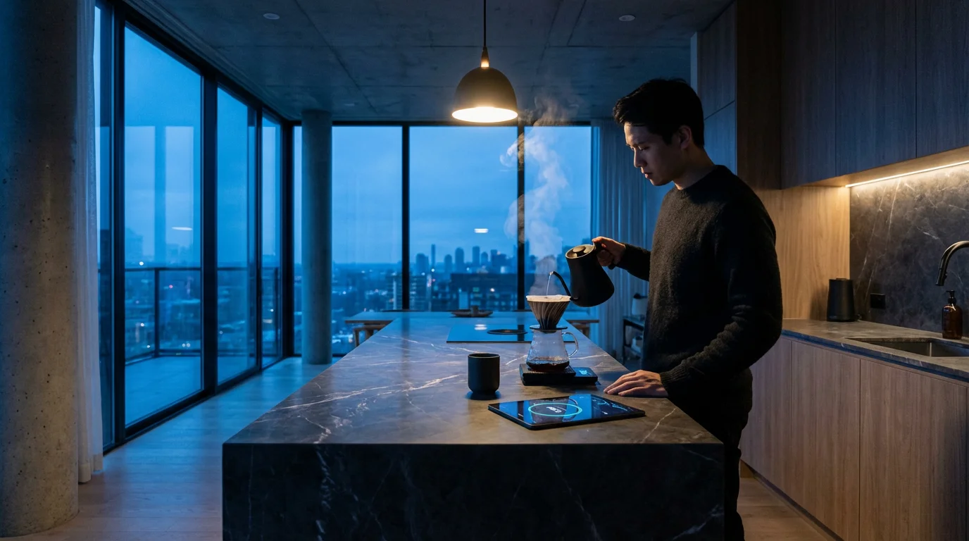 Person brewing pour-over coffee using a smart scale on a kitchen island at dusk.