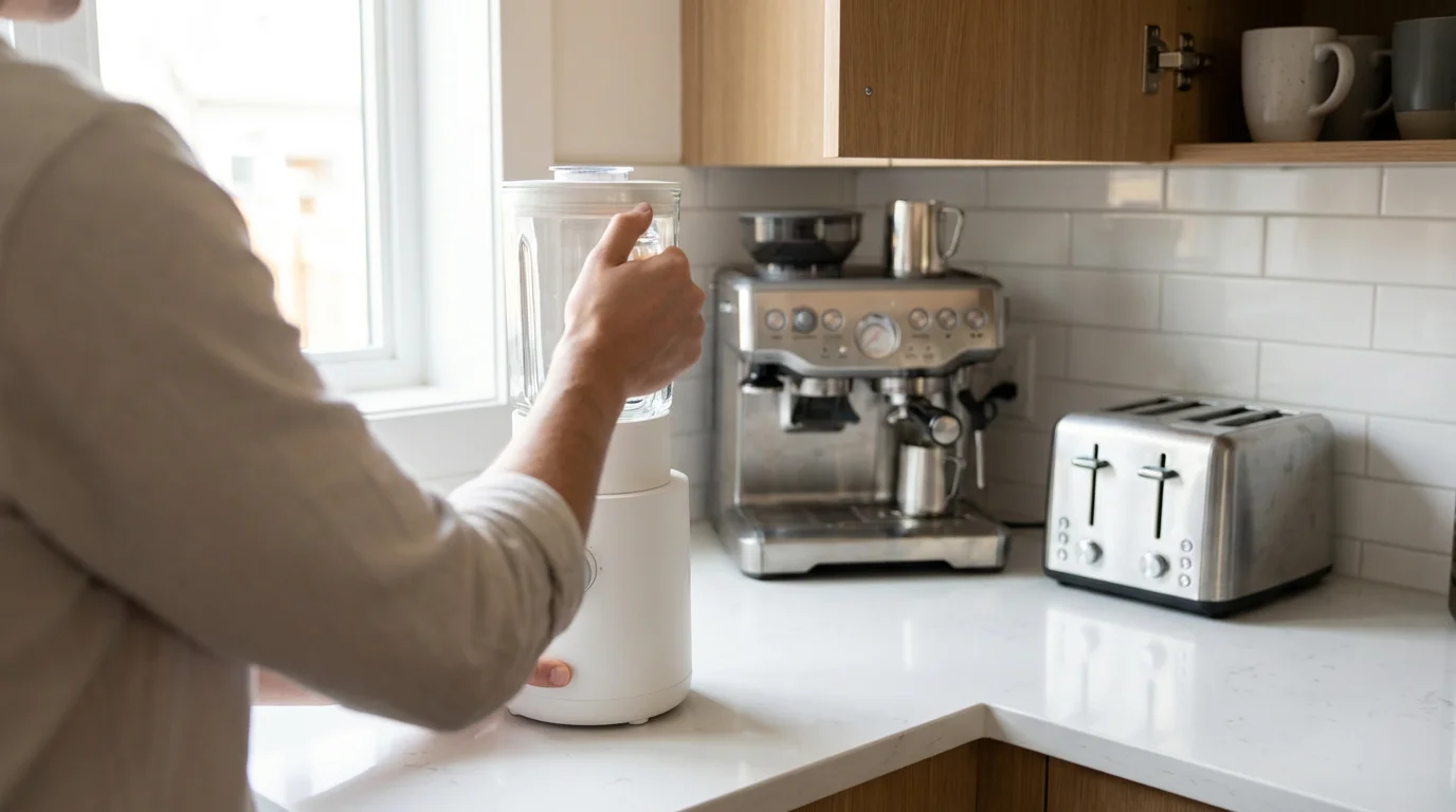 Person clearing a modern kitchen counter by putting away a white blender.
