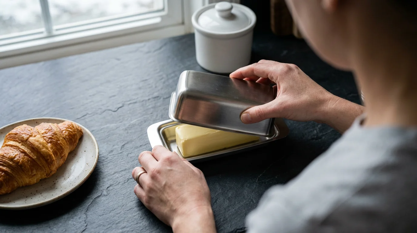 Person closing a modern, stainless steel butter dish on a dark kitchen counter.