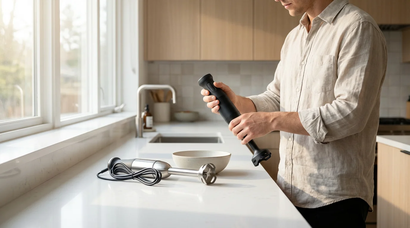 Person holding a cordless immersion blender to test its weight and ergonomics in a kitchen.