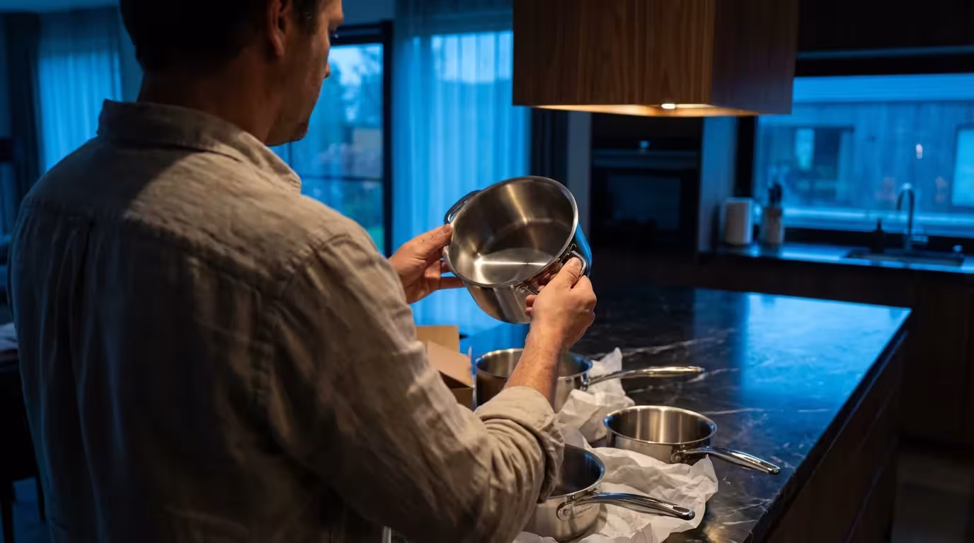 Person inspecting a new, high-quality stainless steel pan in a modern kitchen at dusk.