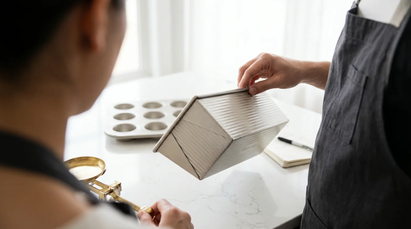 Person inspecting the build quality of a professional metal loaf pan in a kitchen.