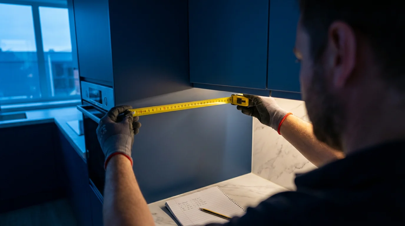 Person measuring the underside of a kitchen cabinet before installing under-cabinet lighting.