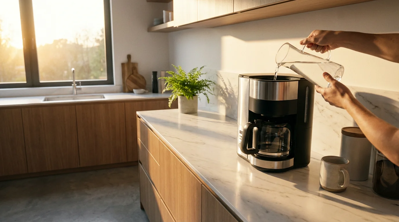Person pouring fresh water into a clean coffee maker on a marble kitchen counter.