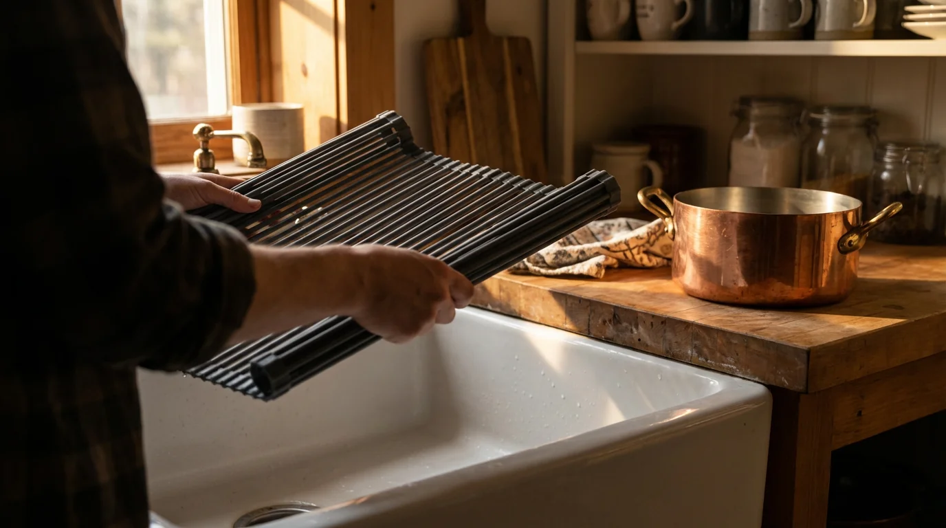 Person unrolling a multipurpose roll-up dish drying rack over a white kitchen sink.