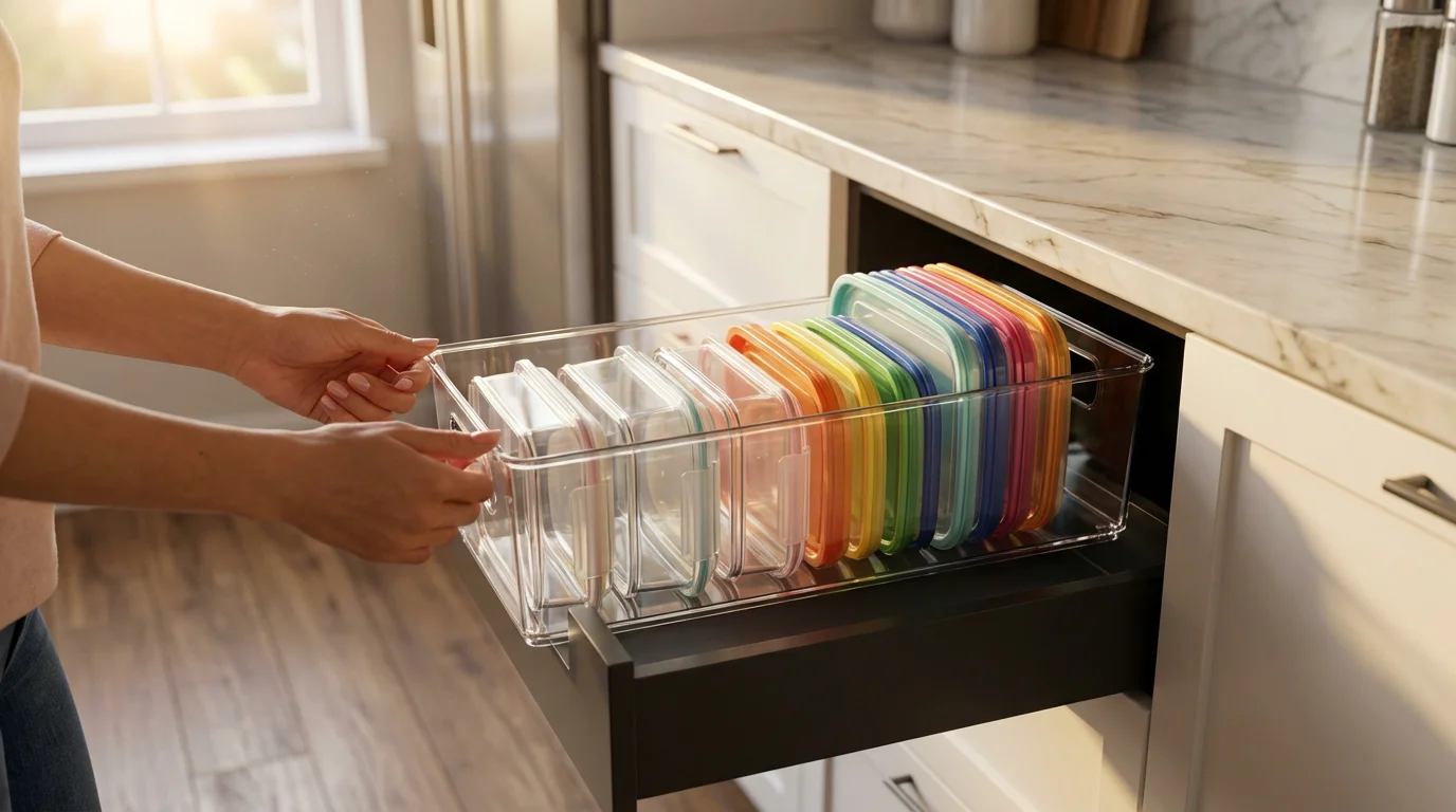 Person using a clear pull-out bin to organize food containers in a deep kitchen cabinet.