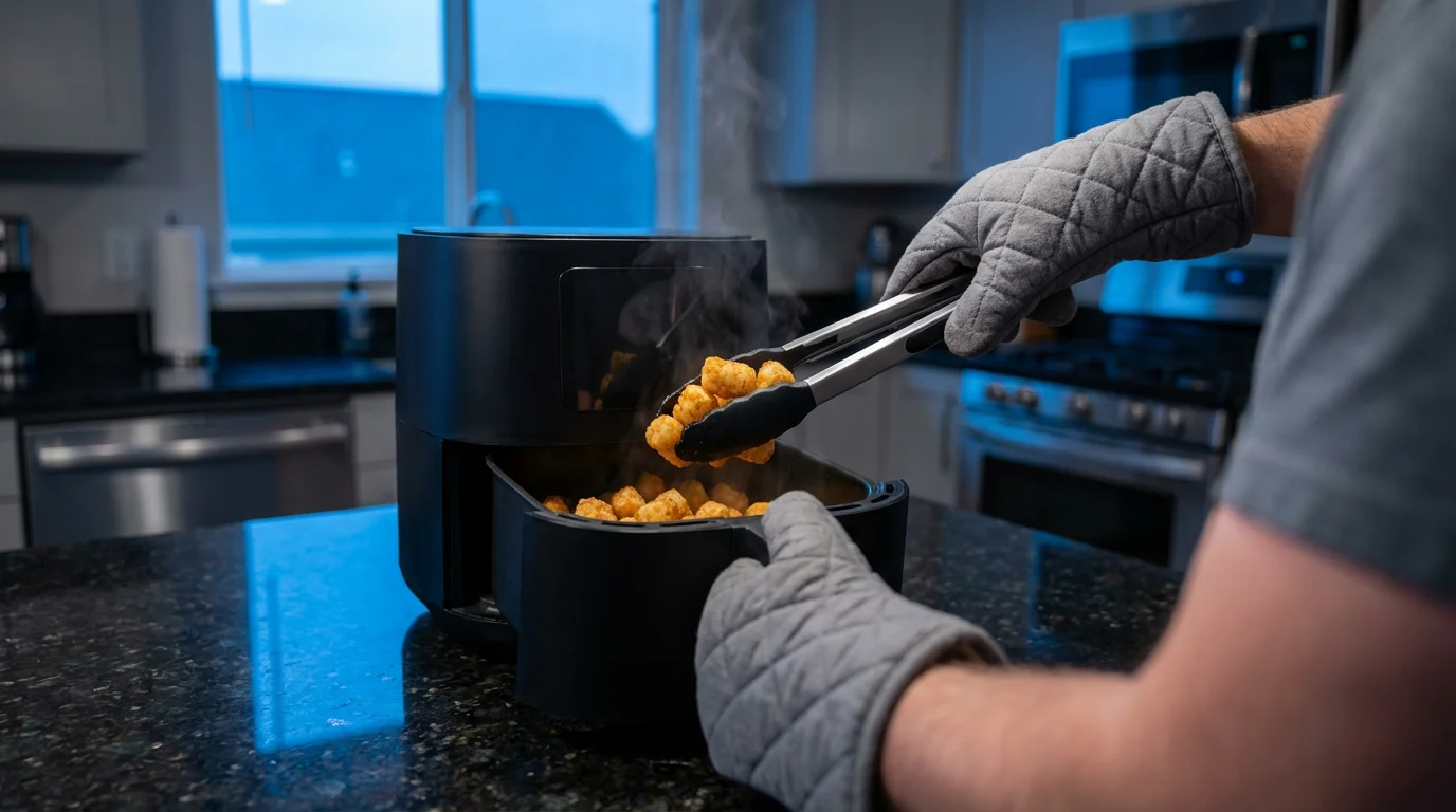 Person using long silicone-tipped tongs to safely remove food from an air fryer basket.