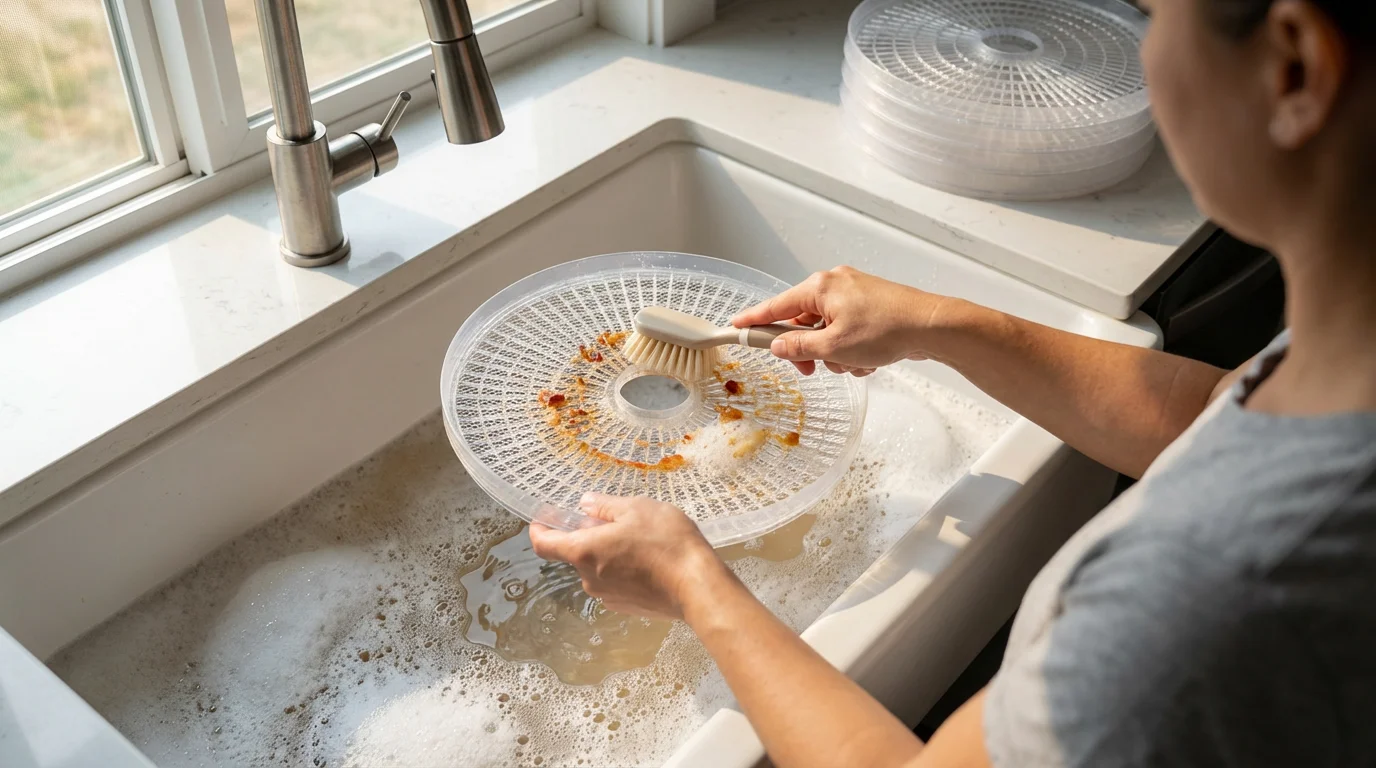 Person washing plastic food dehydrator trays with a soft brush in a soapy sink.