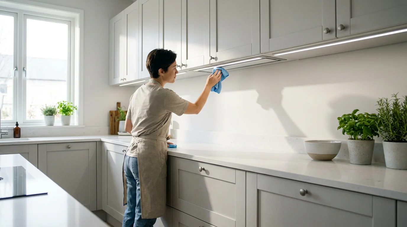 Person wiping under-cabinet lighting in a modern kitchen with a microfiber cloth.