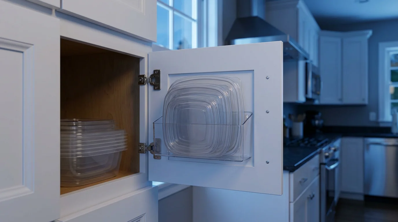 Plastic food container lids stored on a rack inside a kitchen cabinet door.