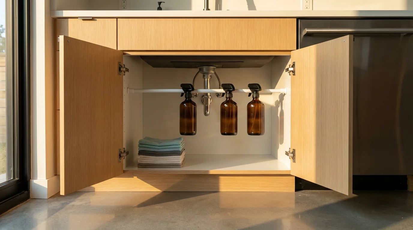 Renter-friendly under-sink storage with spray bottles hanging from a tension rod during golden hour.