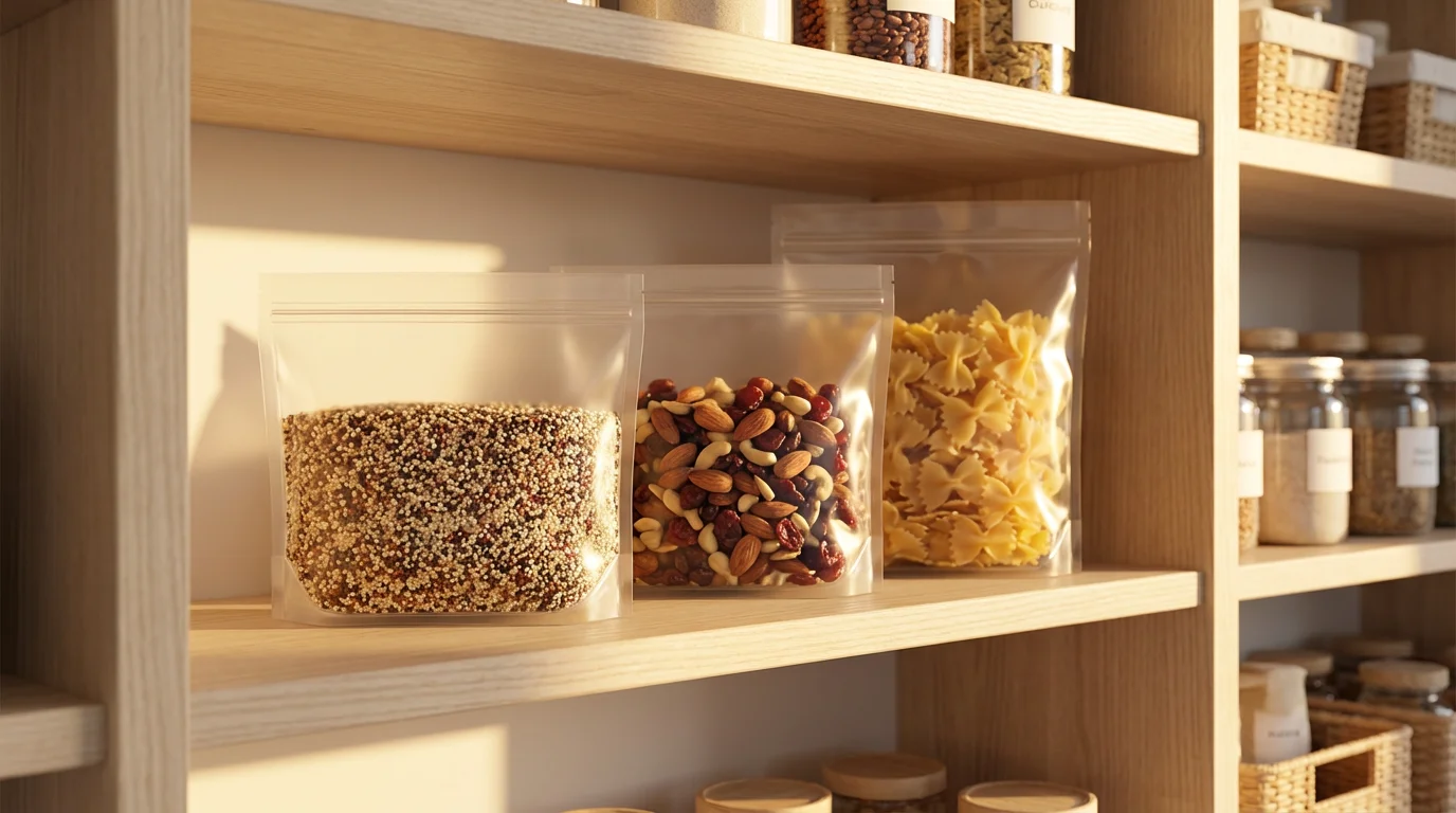 Reusable PEVA food bags with pasta, quinoa, and trail mix on a pantry shelf.