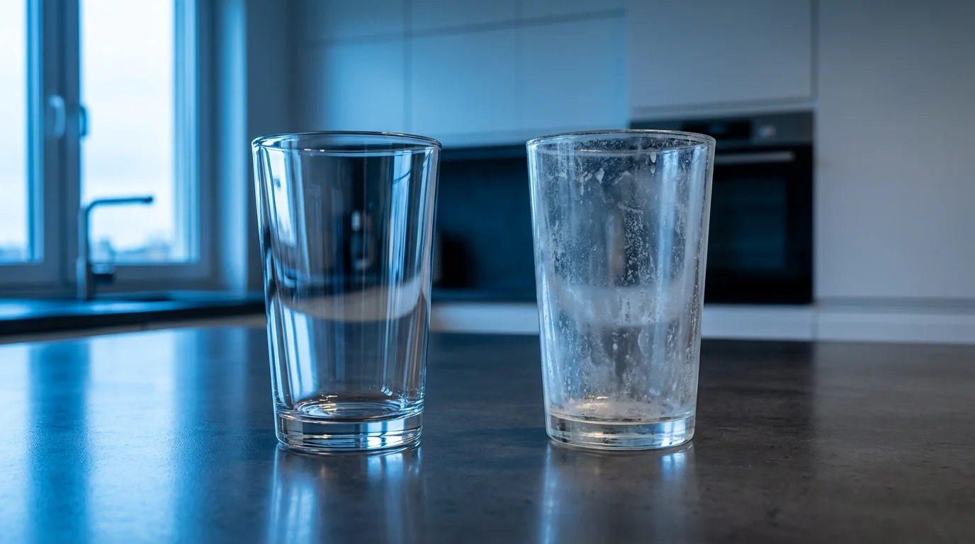 Side-by-side comparison of a clean drinking glass and one with hard water spots.