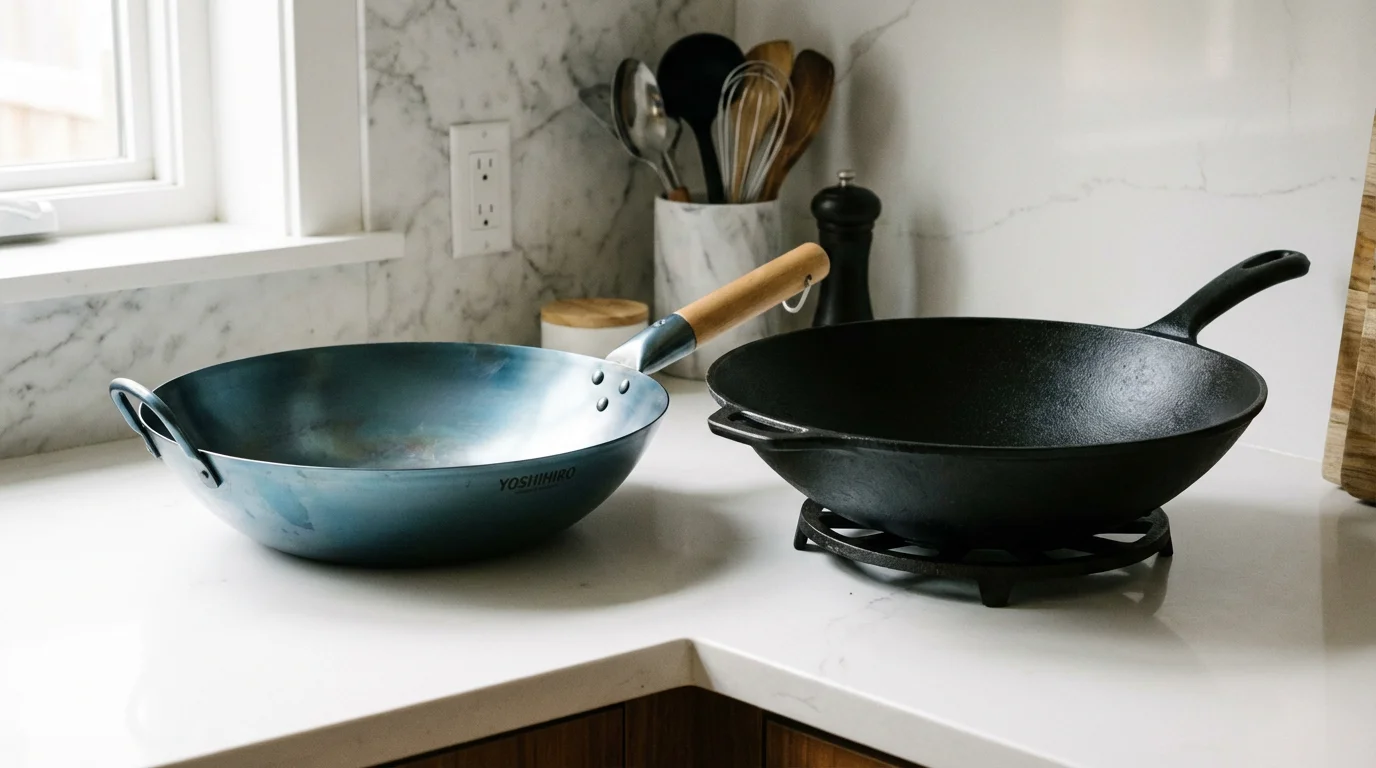 Side-by-side comparison of a smooth carbon steel wok and a textured cast iron wok on a white counter.