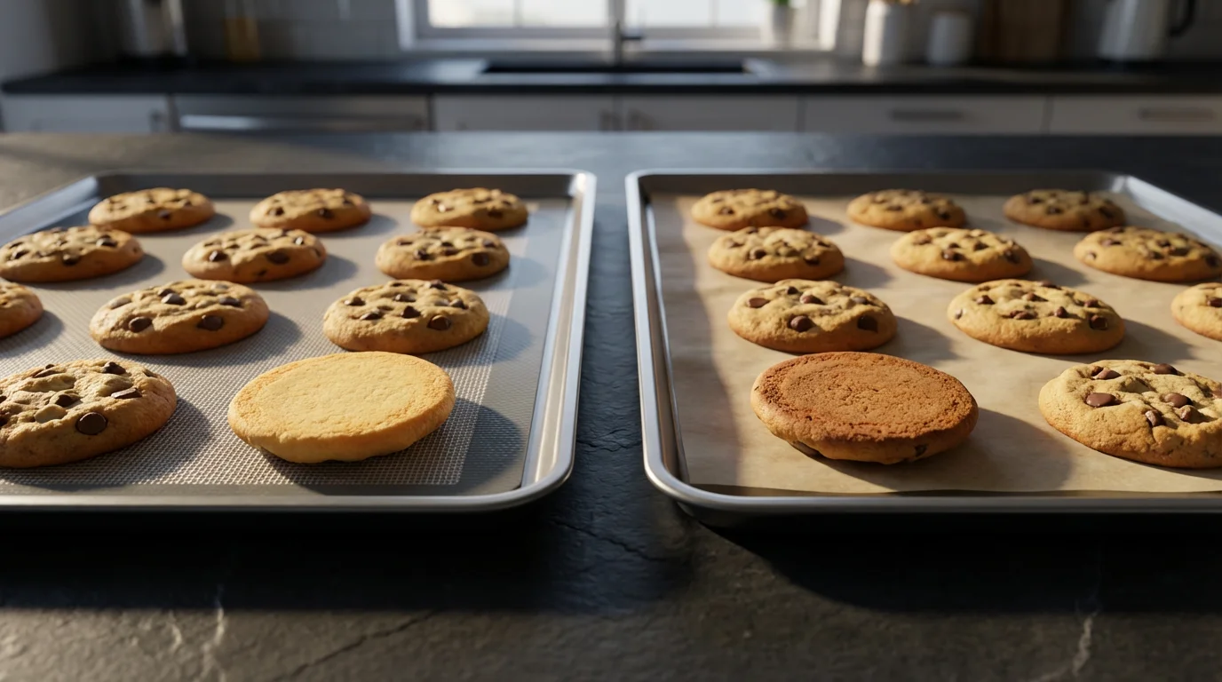 Side-by-side comparison of cookies baked on a silicone mat versus parchment paper.