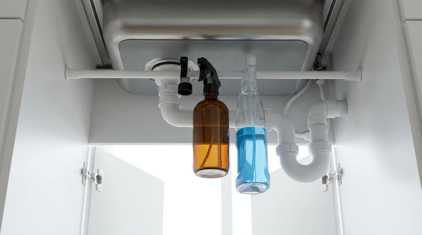 Spray bottles hanging from a tension rod inside an organized under-sink kitchen cabinet.