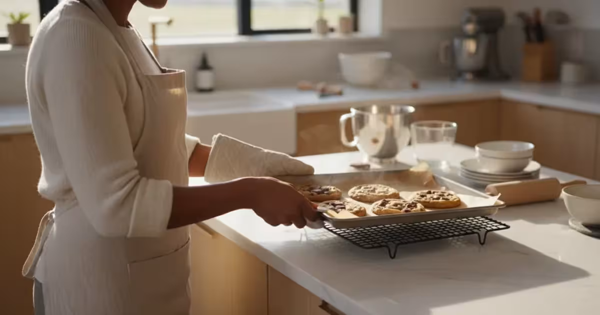 Over-the-shoulder view of a person transferring warm chocolate chip cookies from a sheet pan to a cooling rack in a sunlit kitchen.
