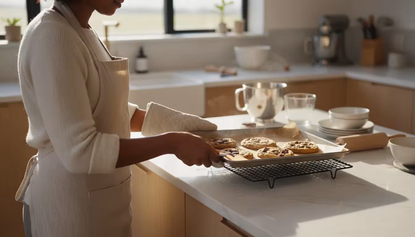 Over-the-shoulder view of a person transferring warm chocolate chip cookies from a sheet pan to a cooling rack in a sunlit kitchen.