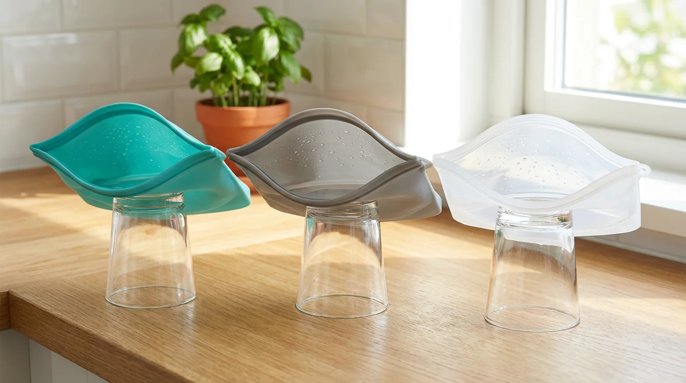 Three colorful reusable silicone bags turned inside out, drying over glasses on a kitchen counter.