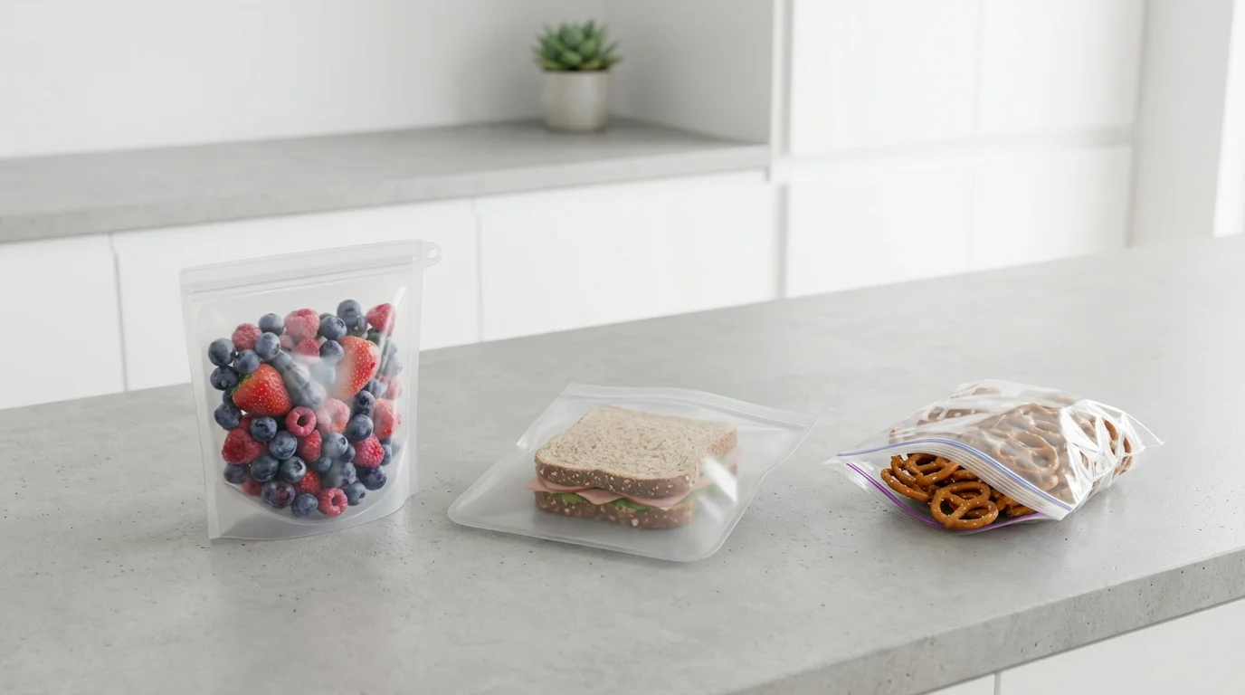 Three different food storage bags—silicone, PEVA, and plastic—on a modern kitchen counter.